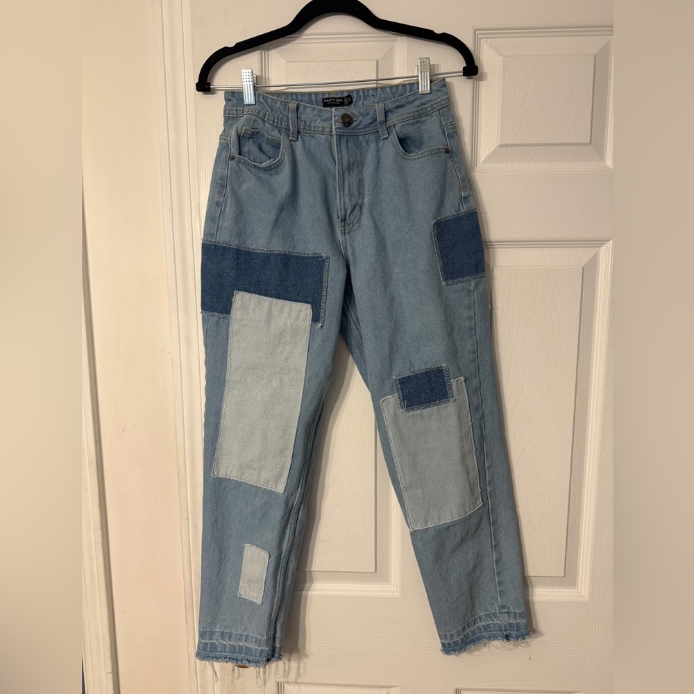 Nasty Gal Organic Blue Relaxed Jeans with Distressed Details and Patch Work y2k